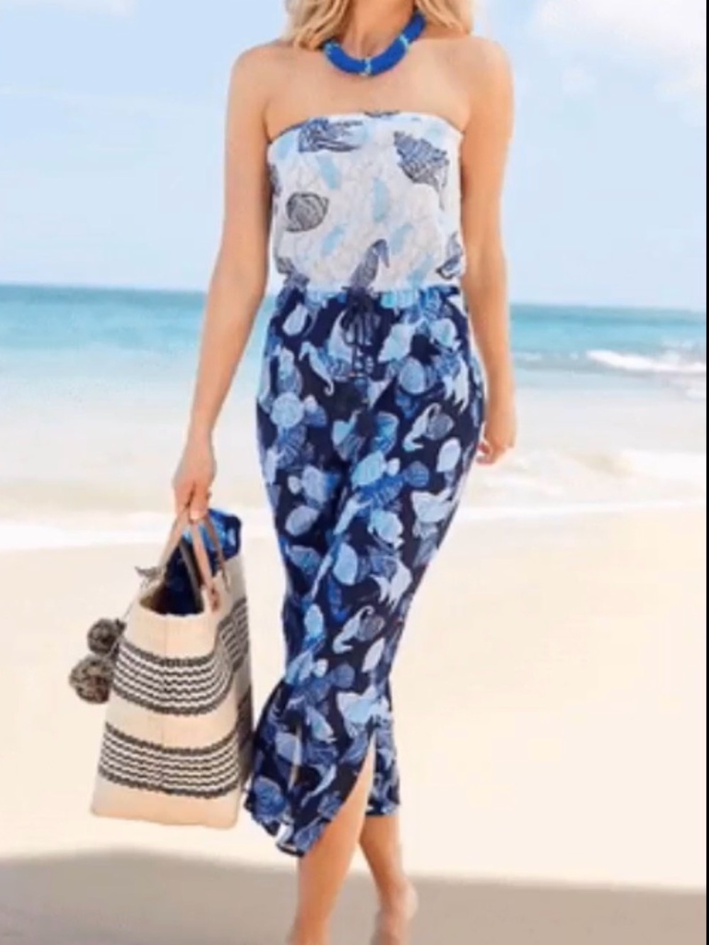 Talbots Blue Strapless Tropical Print Maxi Dress/Beach Cover Ladies SZ L